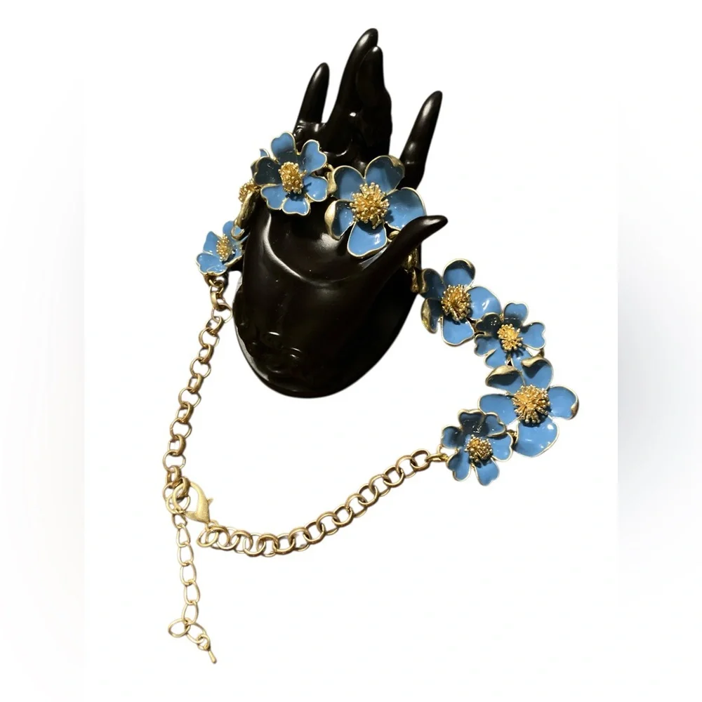 Blue Enamel 3D Flower Gold Tone Necklace - Picture 2 of 6